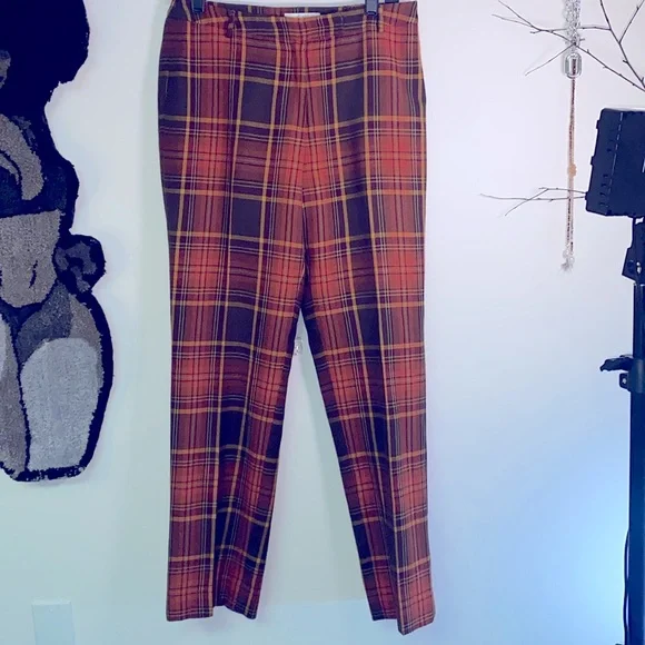 Vintage Cutti Wool Blend Plaid Pants- Brown, Orange, & Yellow Partially Lined. - Picture 3 of 16
